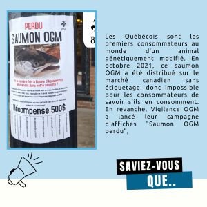 Texte: "Les Québécois sont les premiers consommateurs au monde d’un animal génétiquement modifié. En octobre 2021, ce saumon OGM a été distribué sur le marché canadien sans étiquetage, donc impossible pour les consommateurs de savoir s'ils en consomment. En revanche, Vigilance OGM a lancé leur campagne d'affiches "Saumon OGM perdu"